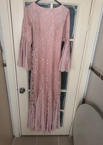 Dantel Detaylı Uzun Pembe Elbise - Görsel 2