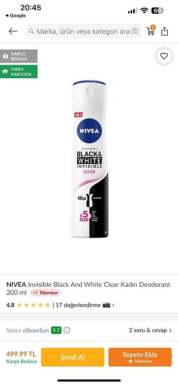 Beden Nivea Siyah-beyaz 48 saat koruma deodorant