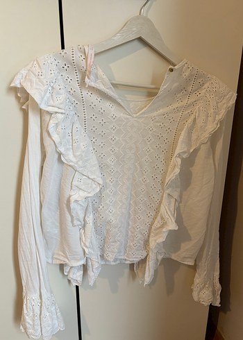 Nakışlı Fırfırlı Beyaz Keten Bluz - Görsel 2