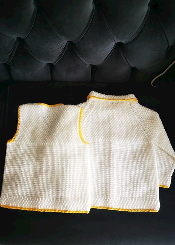 Unisex Beyaz el örgüsü yelek ve Hırka Seti - Görsel 2