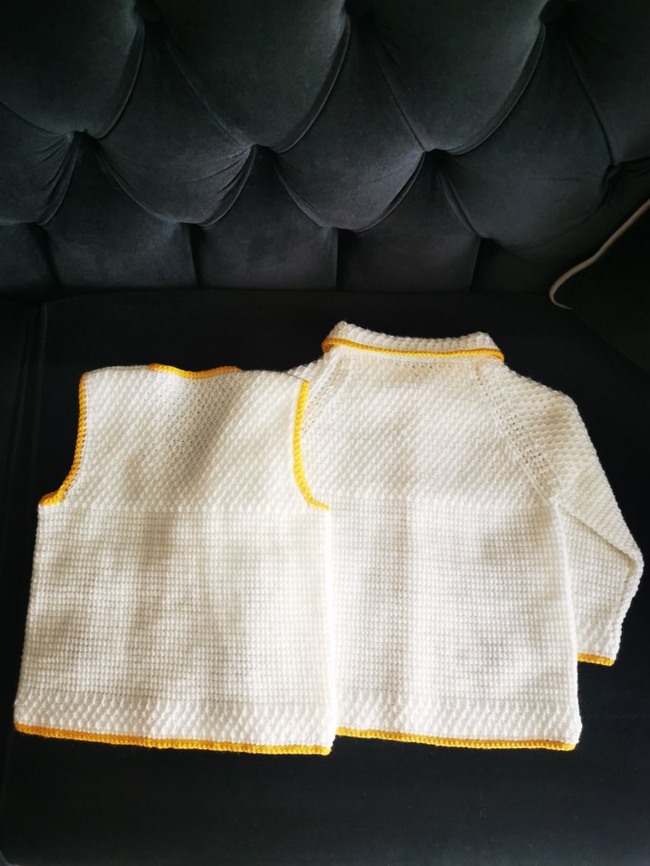 Unisex Beyaz el örgüsü yelek ve Hırka Seti - Görsel 2