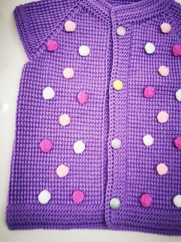 Düğmeli Mor Puantiyeli el örgüsü kız Yelek - Görsel 2