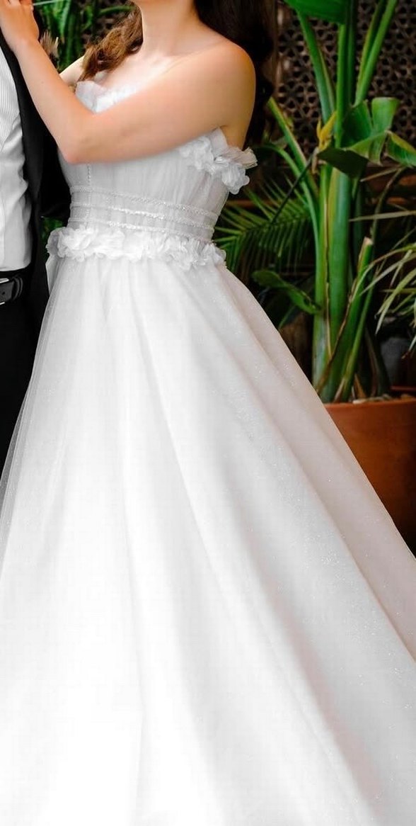 Beyaz Uzun Straplez A Kesim Gelinlik - Görsel 3