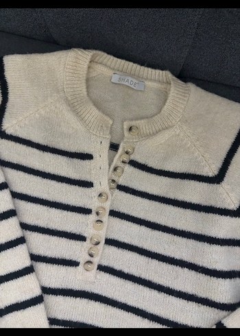 Çizgili Krem Beyaz Örgü Kadın Kazak - Görsel 2