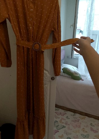 Düğmeli, Uzun Kollu, Kahverengi Bohem Midi Elbise