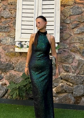 Yeşil Parlak Yılan Desenli Uzun Abiye Elbise - Görsel 2