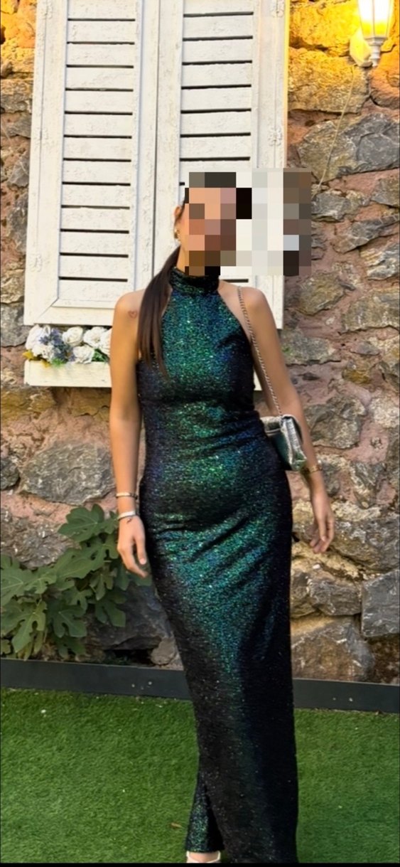 Yeşil Parlak Yılan Desenli Uzun Abiye Elbise - Görsel 3