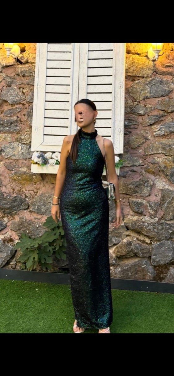 Yeşil Parlak Yılan Desenli Uzun Abiye Elbise - Görsel 2