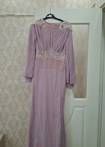 Uzun Kollu İşlemeli lila Abiye Elbise - Görsel 4