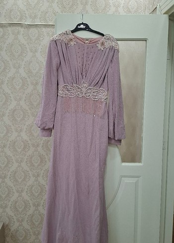 Uzun Kollu İşlemeli lila Abiye Elbise - Görsel 2
