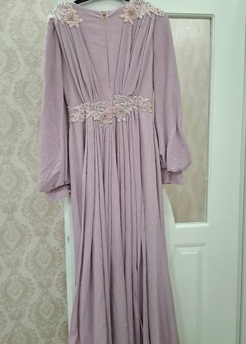 Uzun Kollu İşlemeli lila Abiye Elbise - Görsel 5