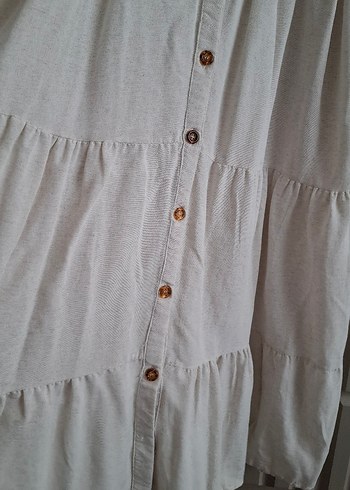 Bej Nakışlı Uzun Keten Elbise - Görsel 4