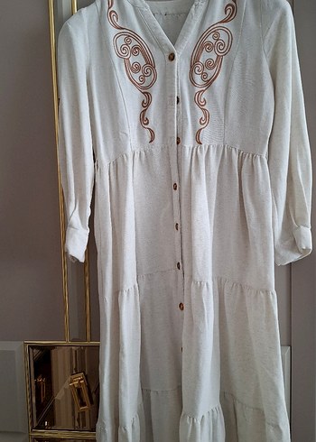 Bej Nakışlı Uzun Keten Elbise - Görsel 3