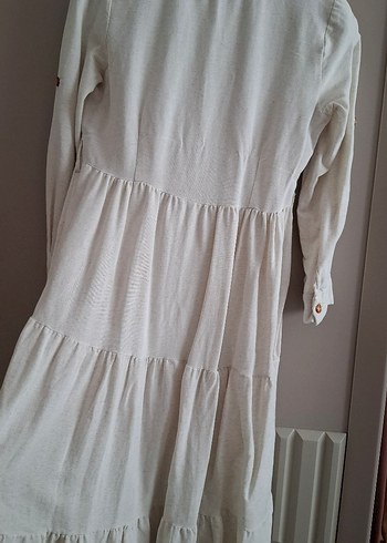 Bej Nakışlı Uzun Keten Elbise - Görsel 5