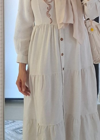 Bej Nakışlı Uzun Keten Elbise - Görsel 2