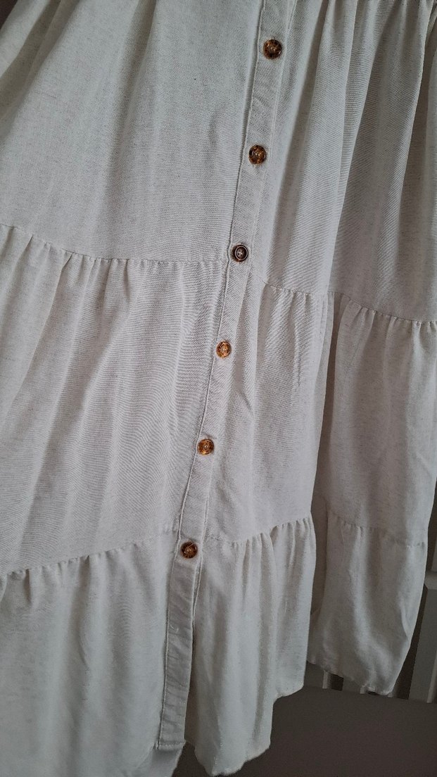 Bej Nakışlı Uzun Keten Elbise - Görsel 4