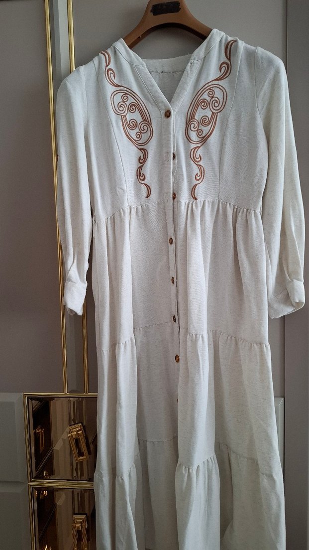 Bej Nakışlı Uzun Keten Elbise - Görsel 3