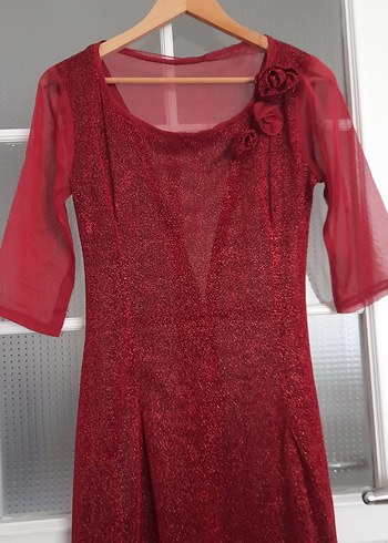 Bordo Uzun Abiye Elbise Transparan Kollar - Görsel 4