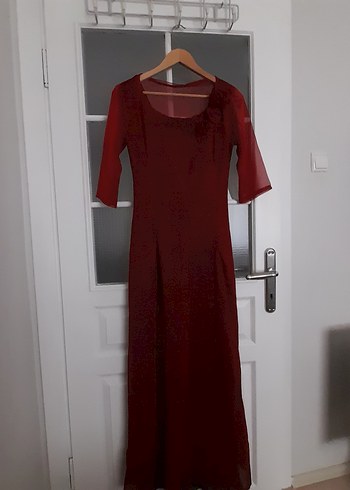 Bordo Uzun Abiye Elbise Transparan Kollar - Görsel 6