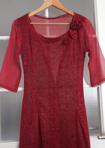 Bordo Uzun Abiye Elbise Transparan Kollar - Görsel 3