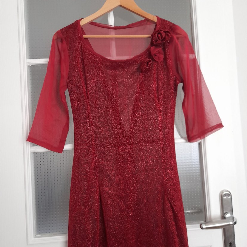 Bordo Uzun Abiye Elbise Transparan Kollar - Görsel 4