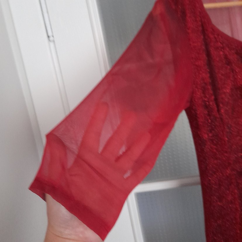 Bordo Uzun Abiye Elbise Transparan Kollar - Görsel 5