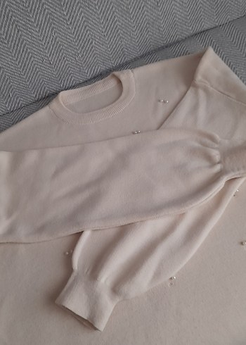 Kadın krem  Uzun Kollu Triko Kazak inci işleme - Görsel 3