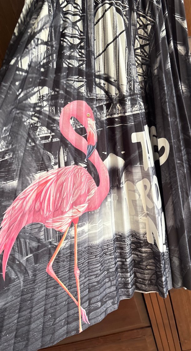 Pembe Gri filemingo Baskılı Piliseli Uzun Etek - Görsel 2