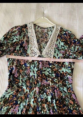 Bohem Çok Renkli Uzun Elbise Dantel Yaka - Görsel 4