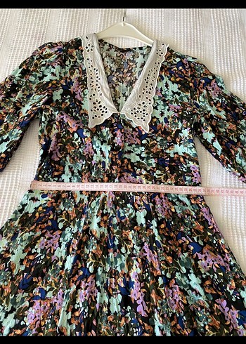 Bohem Çok Renkli Uzun Elbise Dantel Yaka - Görsel 3