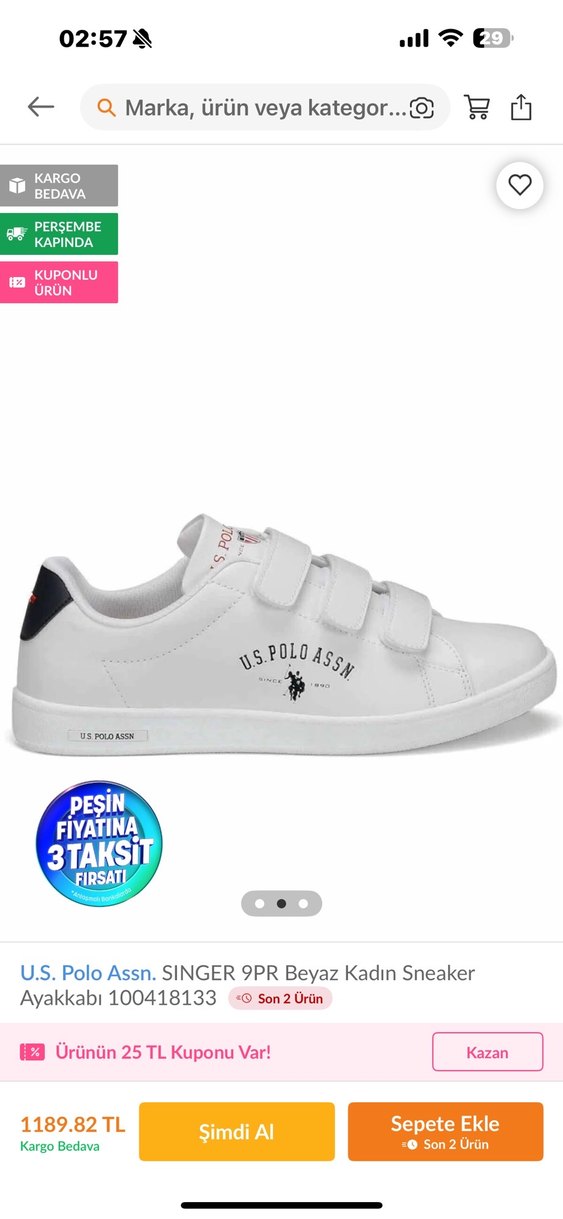 U.S. Polo Assn. Beyaz Kadın Sneaker Velcro - Görsel 2