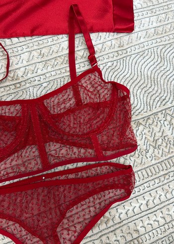 Kadın Kırmızı Uzun Kollu Saten sabahlık - Görsel 5