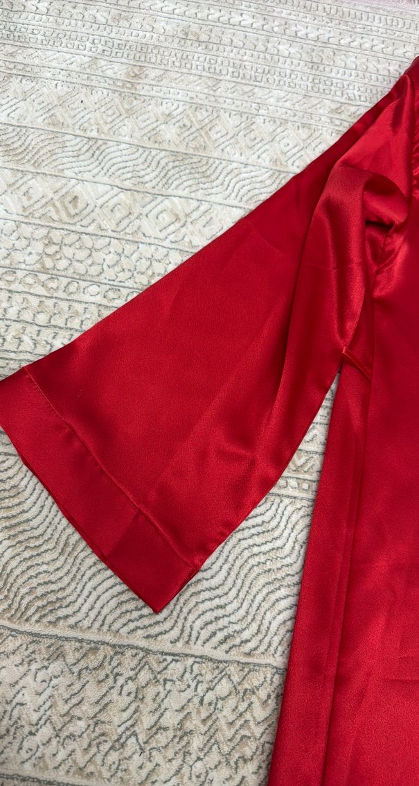 Kadın Kırmızı Uzun Kollu Saten sabahlık - Görsel 2