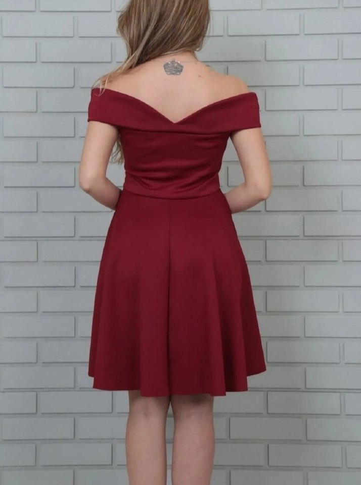 Bordo V Yaka Mini Drapeli Kadın Elbise - Görsel 2