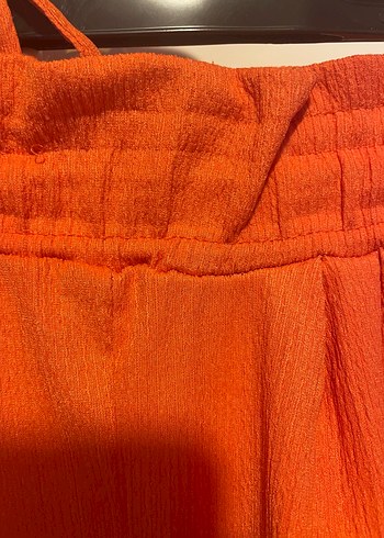 Kadın Turuncu Keten Pilili Bol Paça Pantolon - Görsel 3