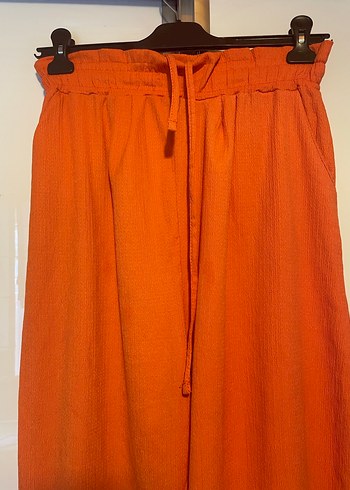 Kadın Turuncu Keten Pilili Bol Paça Pantolon - Görsel 2