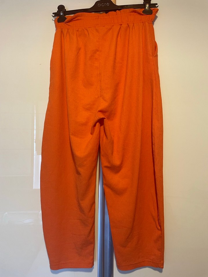Kadın Turuncu Keten Pilili Bol Paça Pantolon - Görsel 4