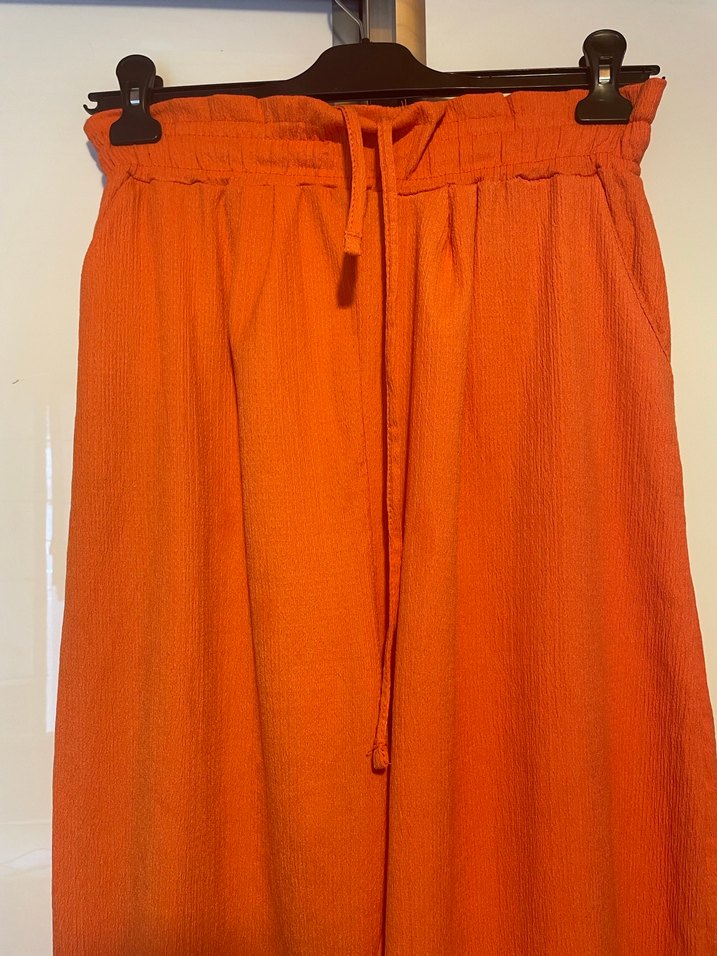 Kadın Turuncu Keten Pilili Bol Paça Pantolon - Görsel 2