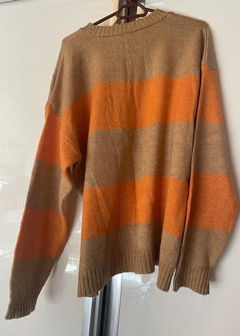 Turuncu Kahverengi Çizgili Örgü Kadın Kazak - Görsel 3