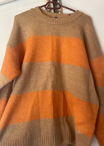 Turuncu Kahverengi Çizgili Örgü Kadın Kazak - Görsel 2