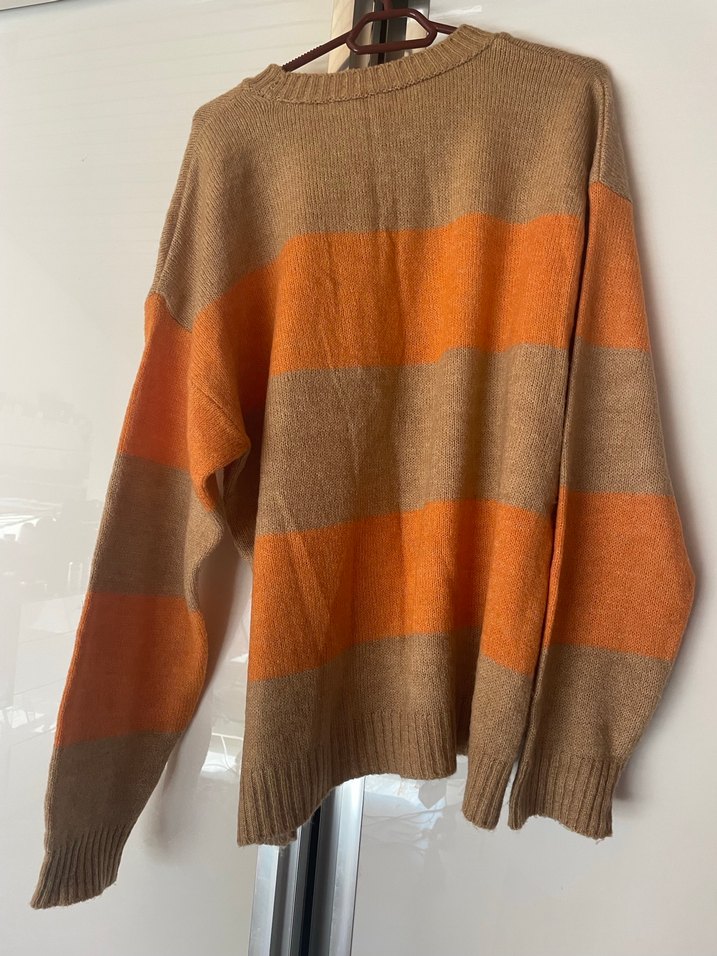 Turuncu Kahverengi Çizgili Örgü Kadın Kazak - Görsel 3