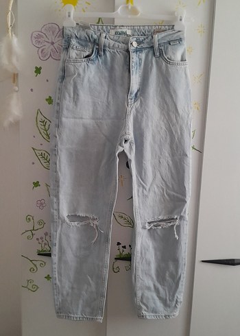 Kadın Mavi Bol Kesim Midi Denim Pantolon