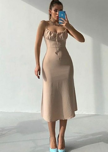 Bej İp Askılı Uzun Elbise - Görsel 2