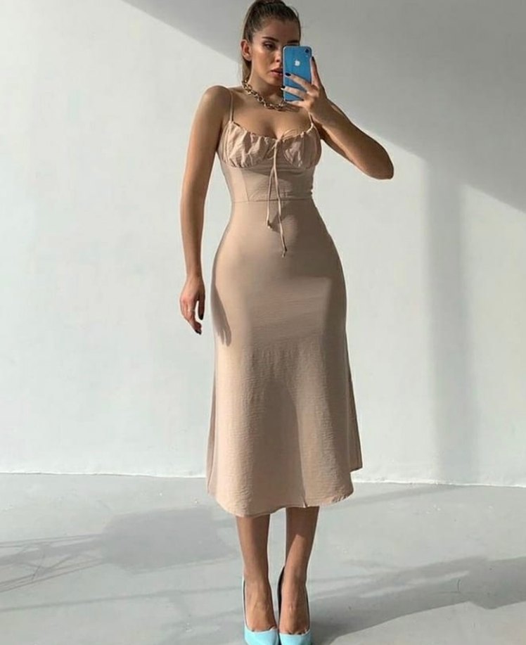 Bej İp Askılı Uzun Elbise - Görsel 2