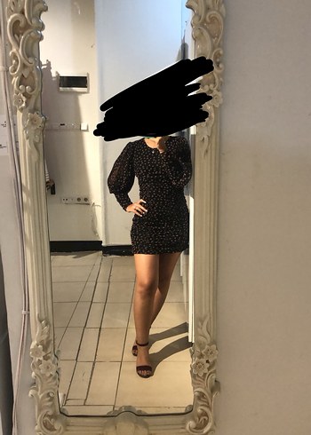 Zara Uzun Tül Kollu Siyah Drapeli Mini Elbise - Görsel 4