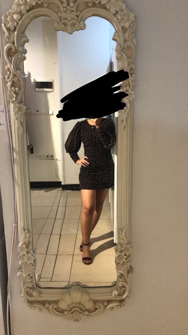 Zara Uzun Tül Kollu Siyah Drapeli Mini Elbise - Görsel 4