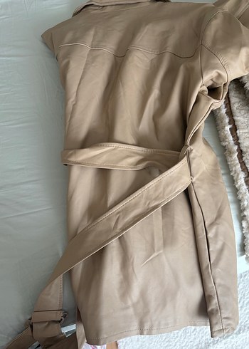 Bej Düğmeli Deri Midi Ceket - Görsel 3