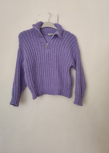 Mor Yarım Fermuarlı Örgü Kadın Kazak - Görsel 2