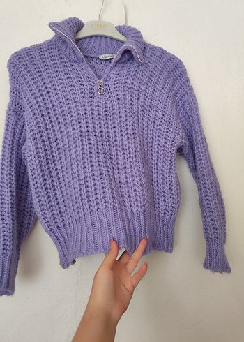 Mor Yarım Fermuarlı Örgü Kadın Kazak - Görsel 3