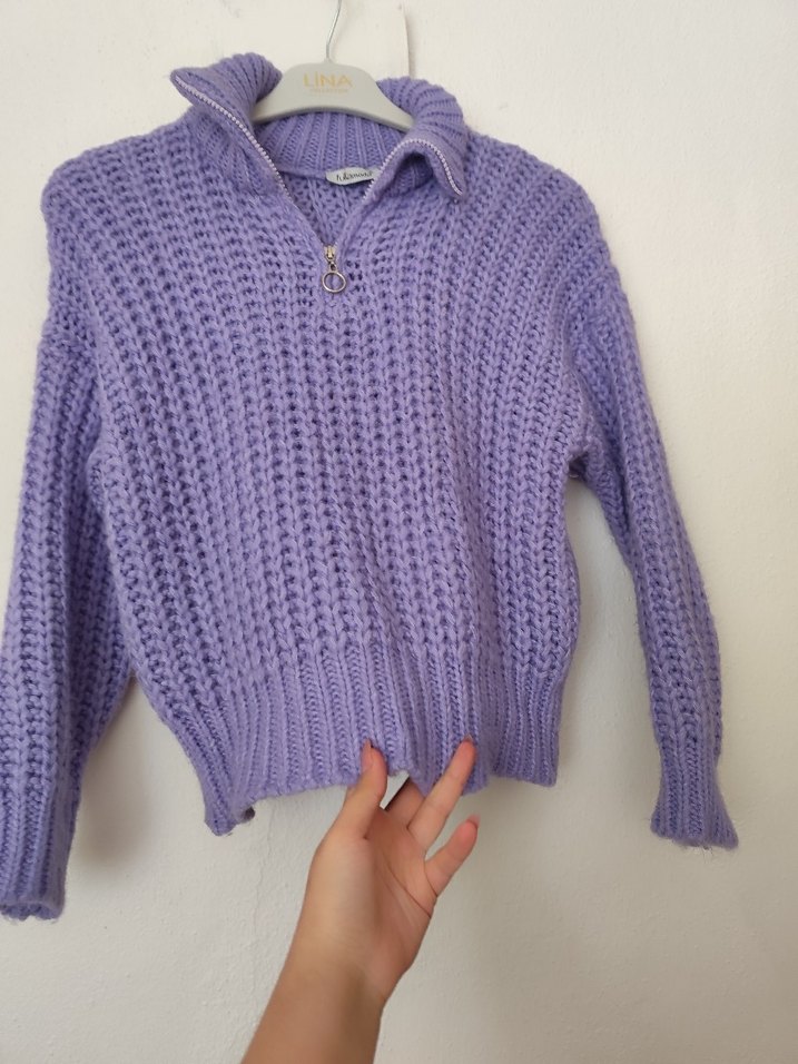 Mor Yarım Fermuarlı Örgü Kadın Kazak - Görsel 3